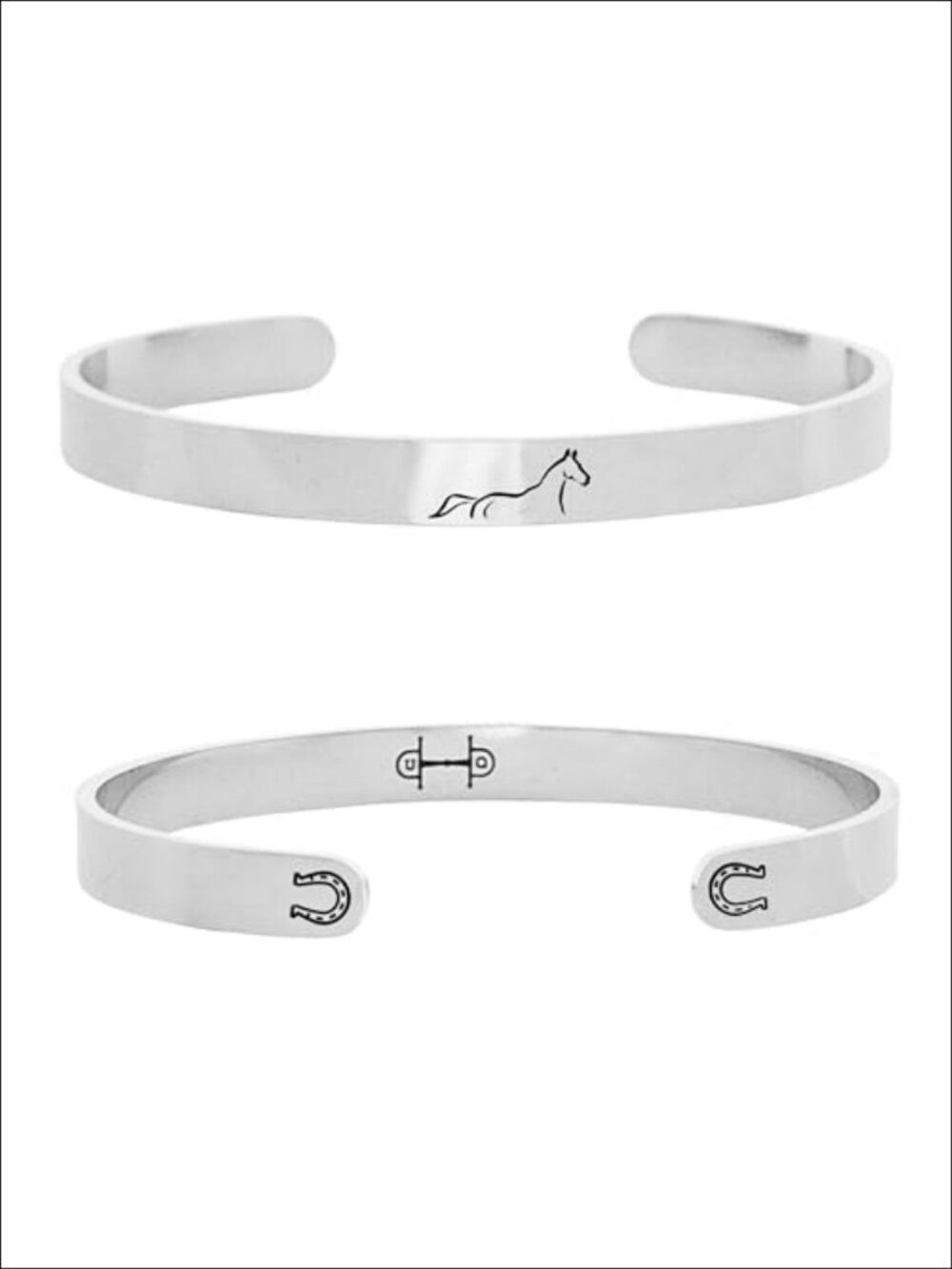 Stainless Steel Open Cuff Bangle Adjustable Horse Engraved